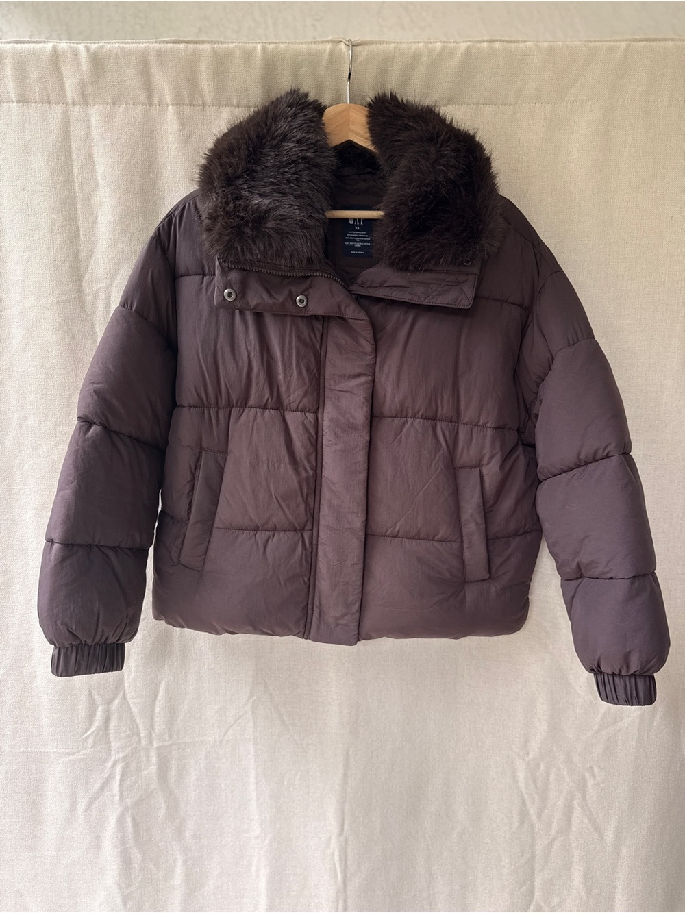 GAP Short Puffer Jacket with Faux Fur Collar - Dark Brown
